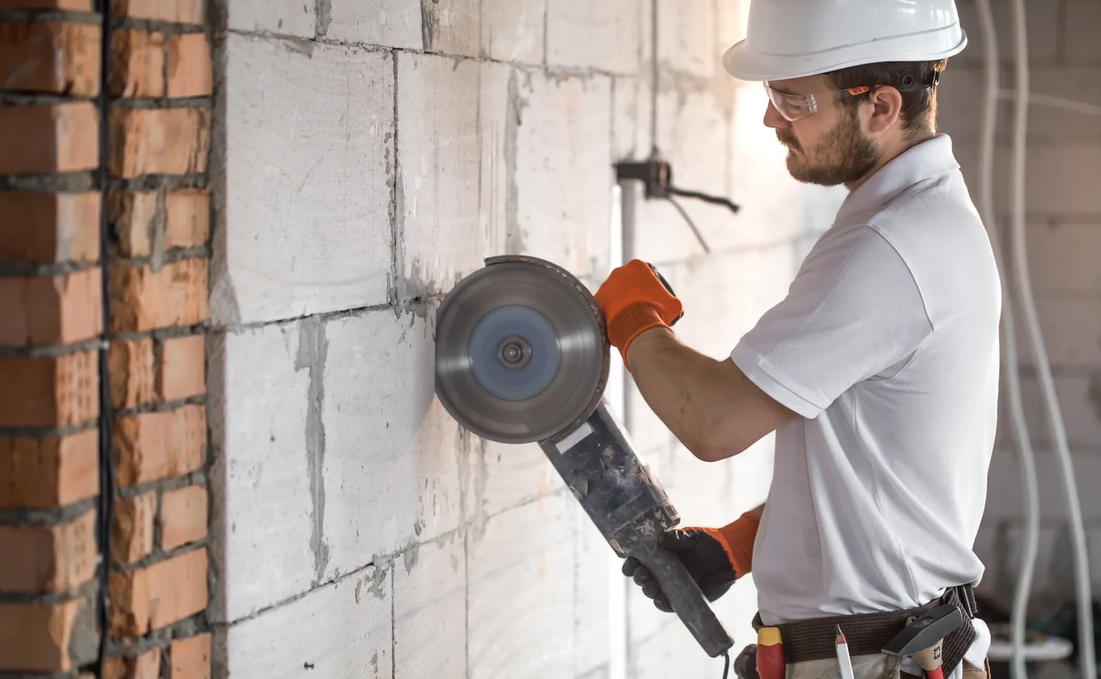 Builder cutting bricks with angle grinder